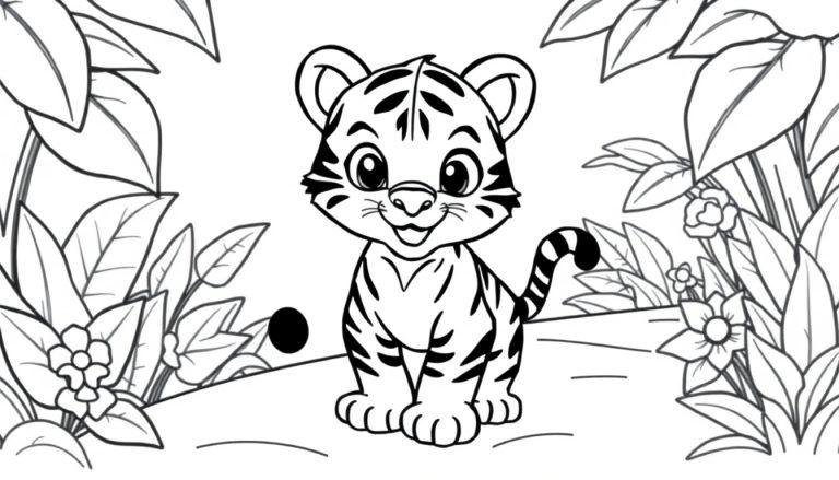 Schwarz-weiße Farbtafel: Niedliches Tigerjunge mit Streifen im Dschungel, bereit zum Ausmalen.