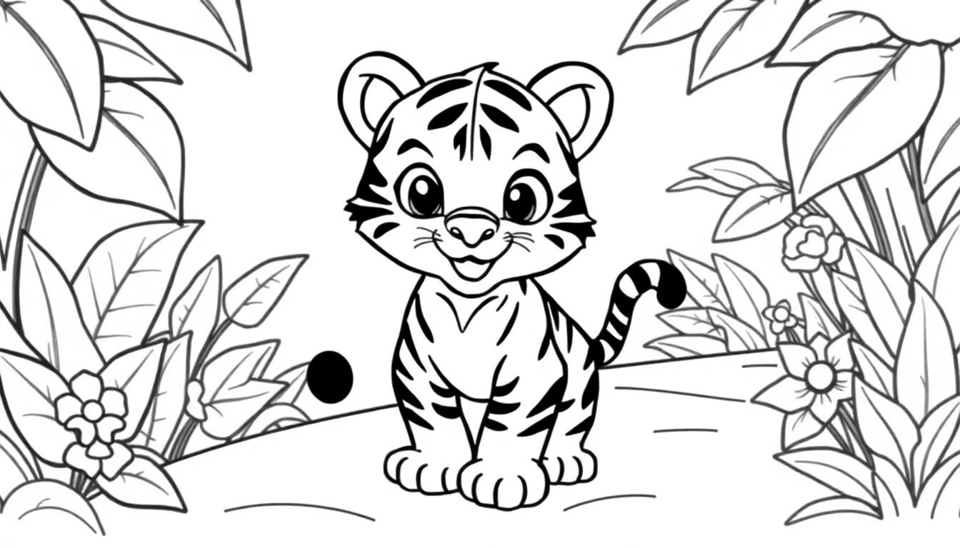 Schwarz-weiße Farbtafel: Niedliches Tigerjunge mit Streifen im Dschungel, bereit zum Ausmalen.