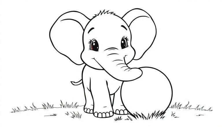 Farbtafel: Ein niedlicher Cartoon-Elefant mit großen Ohren und einem Ball, bereit zum Ausmalen.