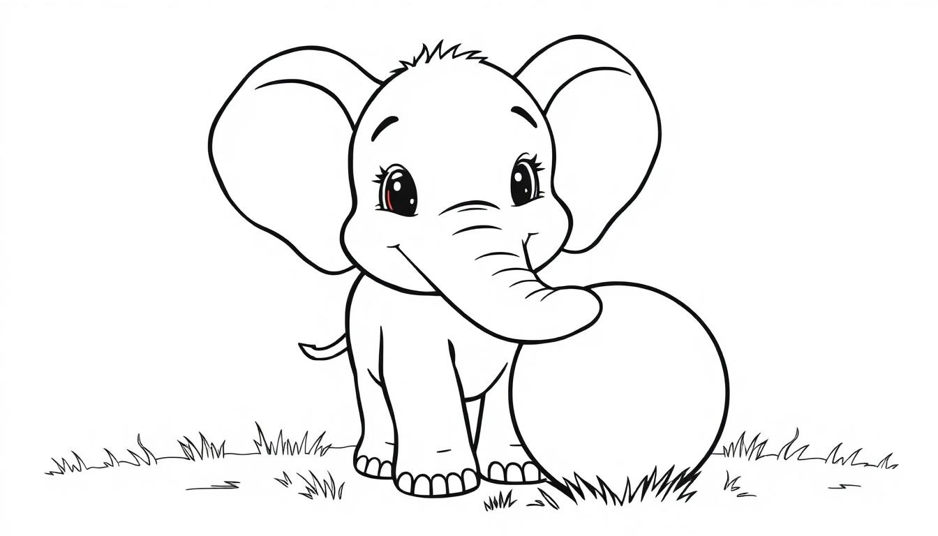 Farbtafel: Ein niedlicher Cartoon-Elefant mit großen Ohren und einem Ball, bereit zum Ausmalen.