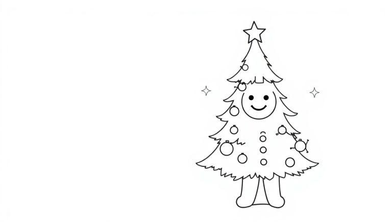 Schwarz-weisse Farbtafel-Illustration eines lächelnden Cartoon-Weihnachtsbaums mit Ornamenten und Geschenken, bereit zum Ausmalen.