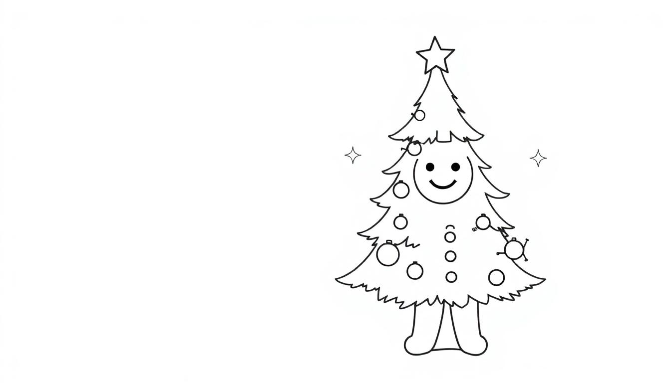 Schwarz-weisse Farbtafel-Illustration eines lächelnden Cartoon-Weihnachtsbaums mit Ornamenten und Geschenken, bereit zum Ausmalen.