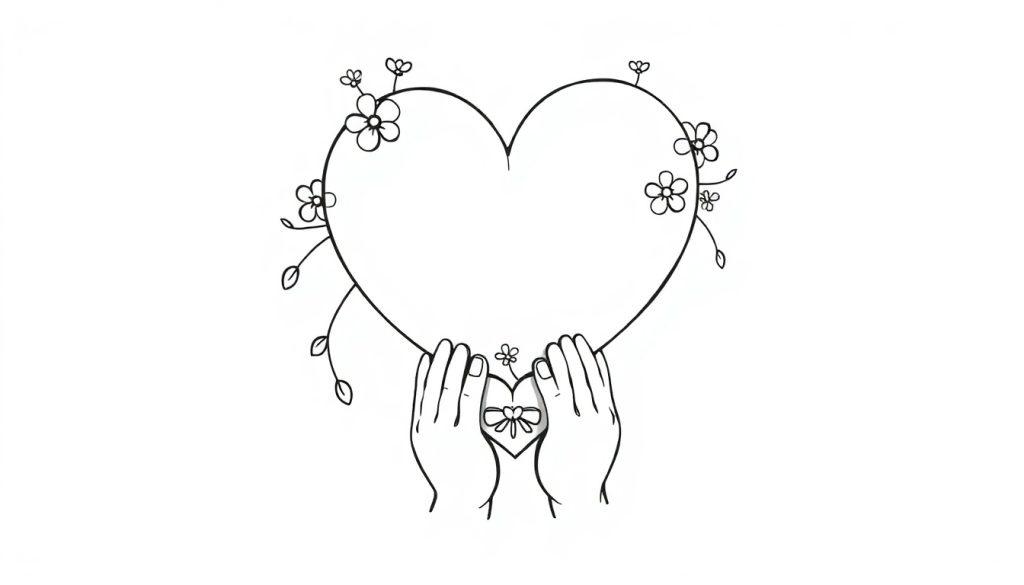 Farbtafel: Schwarz-weiße Zeichnung eines großen Herzens, umgeben von Blumen und gehalten von kleinen Händen mit einem kleinen Herz und einer Schleife.