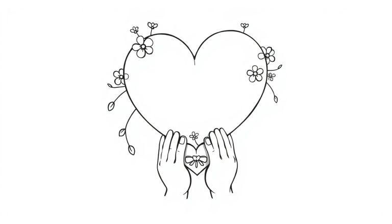 Farbtafel: Schwarz-weiße Zeichnung eines großen Herzens, umgeben von Blumen und gehalten von kleinen Händen mit einem kleinen Herz und einer Schleife.