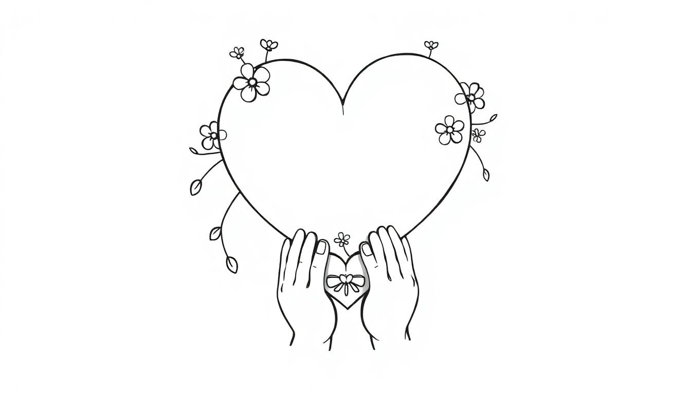 Farbtafel: Schwarz-weiße Zeichnung eines großen Herzens, umgeben von Blumen und gehalten von kleinen Händen mit einem kleinen Herz und einer Schleife.
