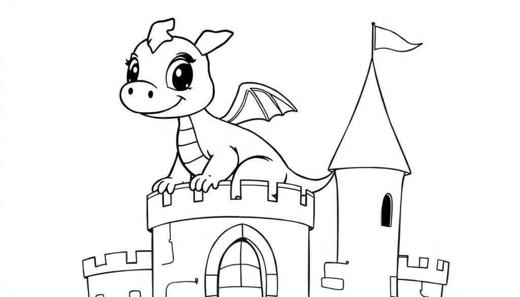 Schwarz-Weiß-Farbtafel: Ein niedlicher Drache sitzt auf einem Schlossturm.