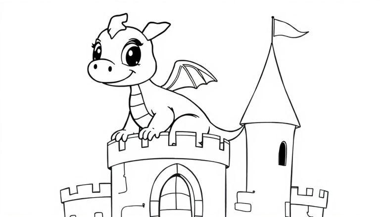 Schwarz-Weiß-Farbtafel: Ein niedlicher Drache sitzt auf einem Schlossturm.