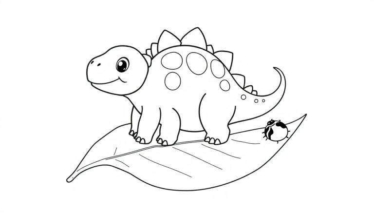 Farbtafel: Ein niedlicher Stegosaurus mit seinem Marienkäfer-Freund auf einem großen Blatt.