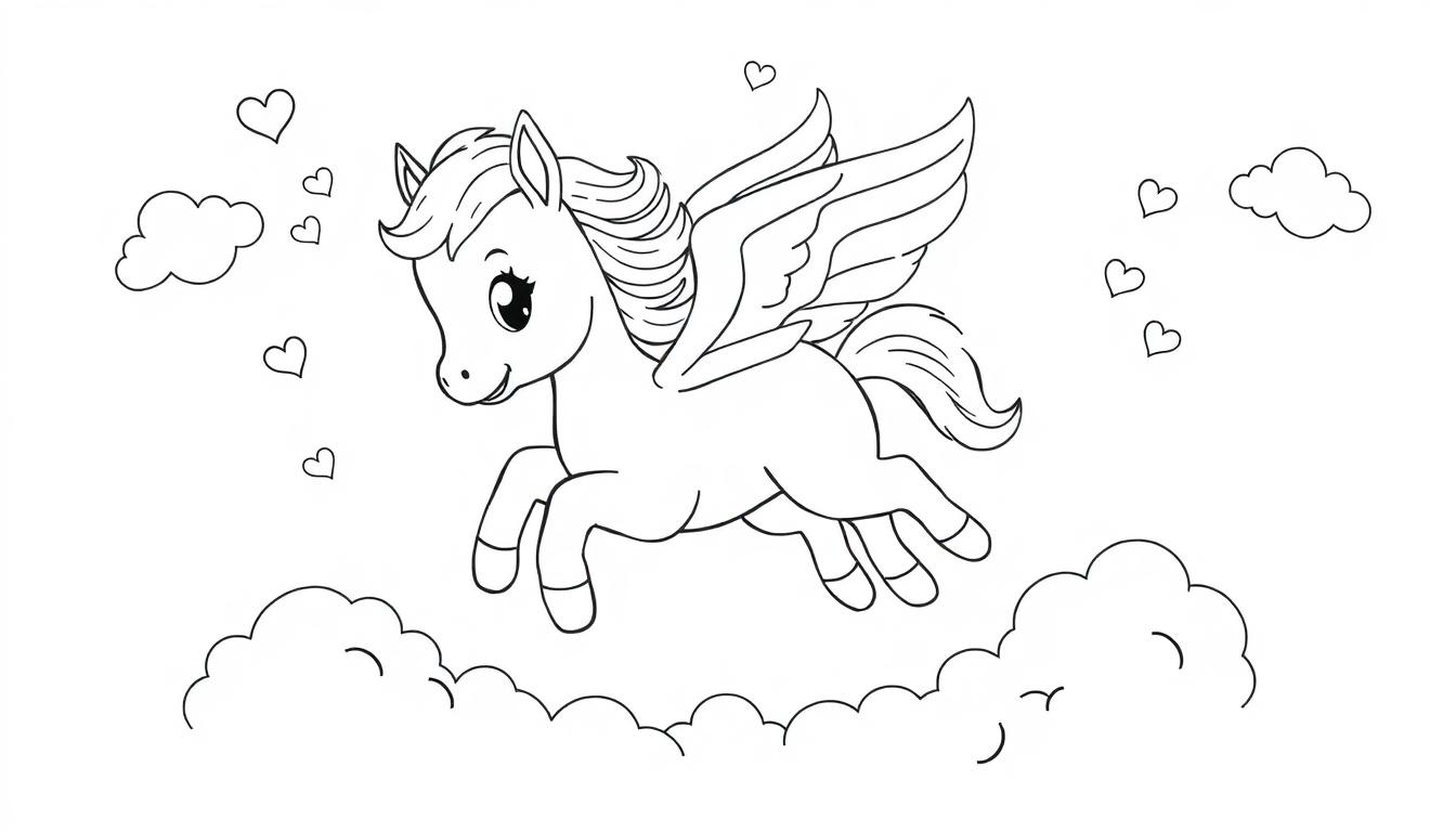 Niedliche Cartoon-Farbtafel eines fliegenden Pegasus mit großen Augen und üppiger Mähne, umgeben von Herzen und Wolken.