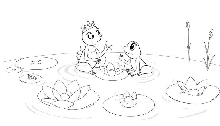 Schwarz-Weiß-Farbtafel mit Prinzessin Tiana als Frosch und Prinz Naveen als Frosch in einem Teich mit Seerosen.