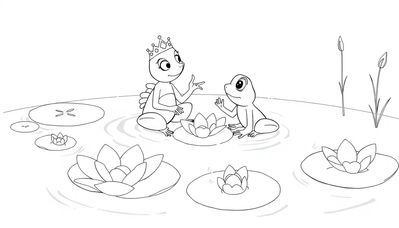 Schwarz-Weiß-Farbtafel mit Prinzessin Tiana als Frosch und Prinz Naveen als Frosch in einem Teich mit Seerosen.