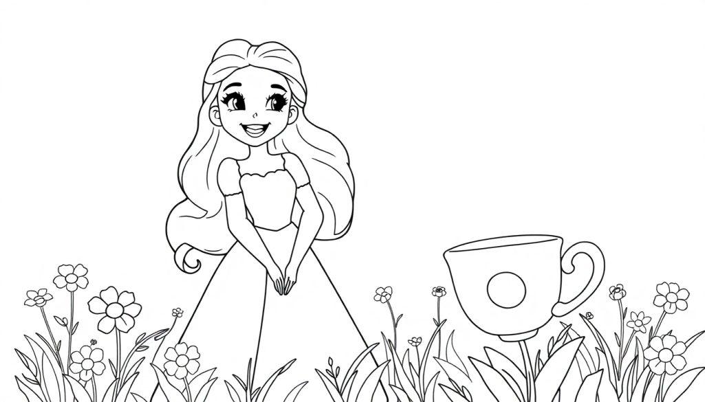 Schwarz-weiße Farbtafel-Zeichnung einer Zeichentrickprinzessin in einem Garten mit einer großen Teetasse.