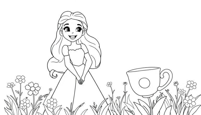Schwarz-weiße Farbtafel-Zeichnung einer Zeichentrickprinzessin in einem Garten mit einer großen Teetasse.