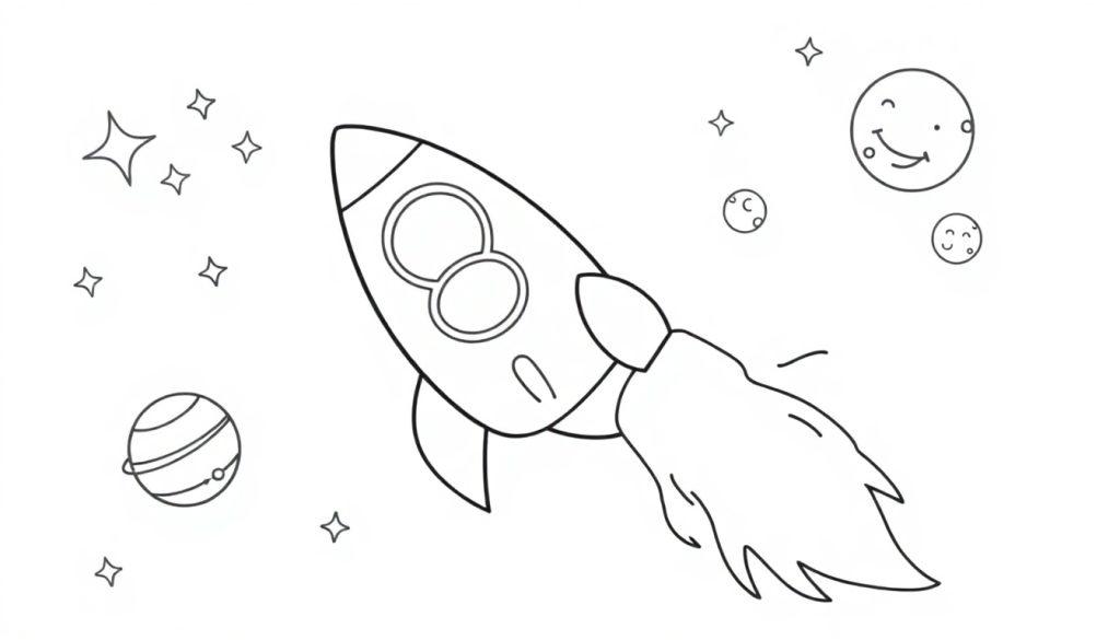 Eine Schwarzweiß-Farbtafel einer einfachen Rakete, die durch den Weltraum fliegt, mit Sternen, Monden mit Gesichtern und einem Planeten mit Ringen.