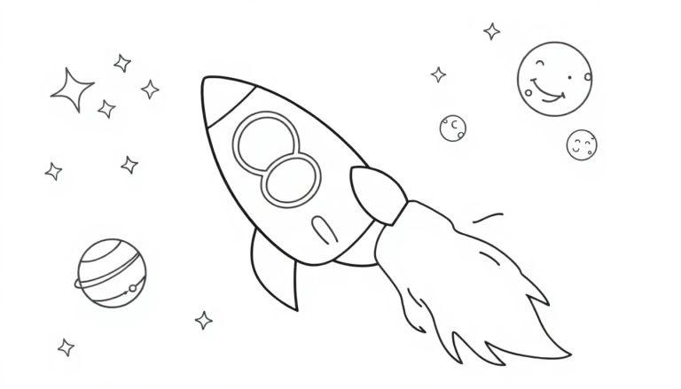 Eine Schwarzweiß-Farbtafel einer einfachen Rakete, die durch den Weltraum fliegt, mit Sternen, Monden mit Gesichtern und einem Planeten mit Ringen.
