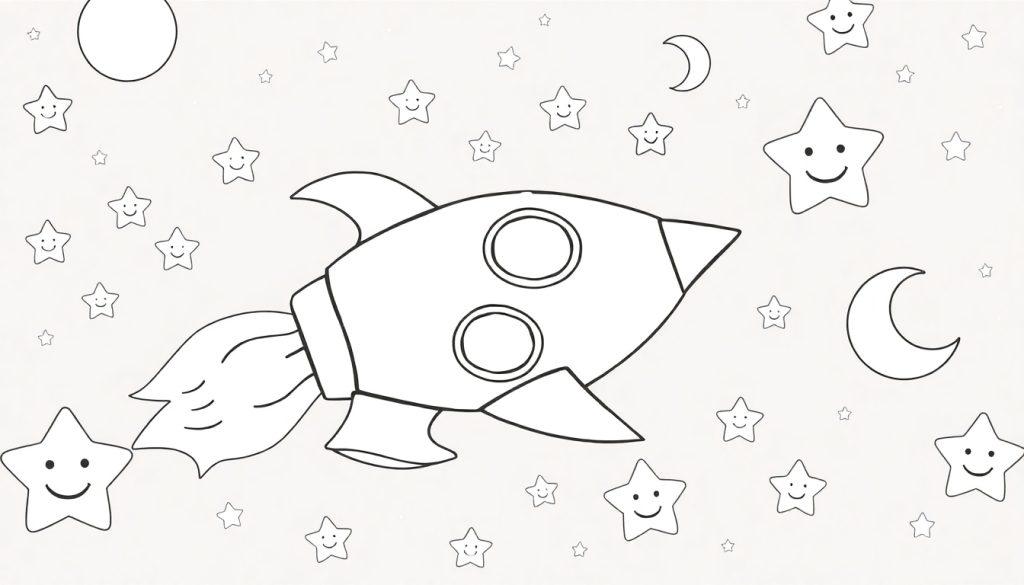 Farbtafel: Eine Schwarz-Weiß-Zeichnung einer Rakete mit einem konischen Kopf, zwei runden Fenstern und einer Flamme am Heck, die durch einen Sternen- und Mondenhimmel fliegt. Kleine Sterne mit Gesichtsausdrücken und zwei Mondsicheln sind sichtbar.