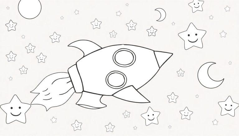 Farbtafel: Eine Schwarz-Weiß-Zeichnung einer Rakete mit einem konischen Kopf, zwei runden Fenstern und einer Flamme am Heck, die durch einen Sternen- und Mondenhimmel fliegt. Kleine Sterne mit Gesichtsausdrücken und zwei Mondsicheln sind sichtbar.