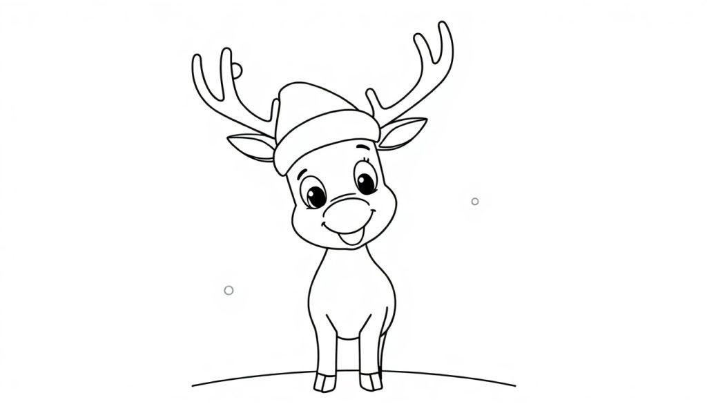 Schwarz-weiße Farbtafel-Zeichnung eines niedlichen Cartoon-Rentiers mit Weihnachtsmütze und einem breiten Lächeln.