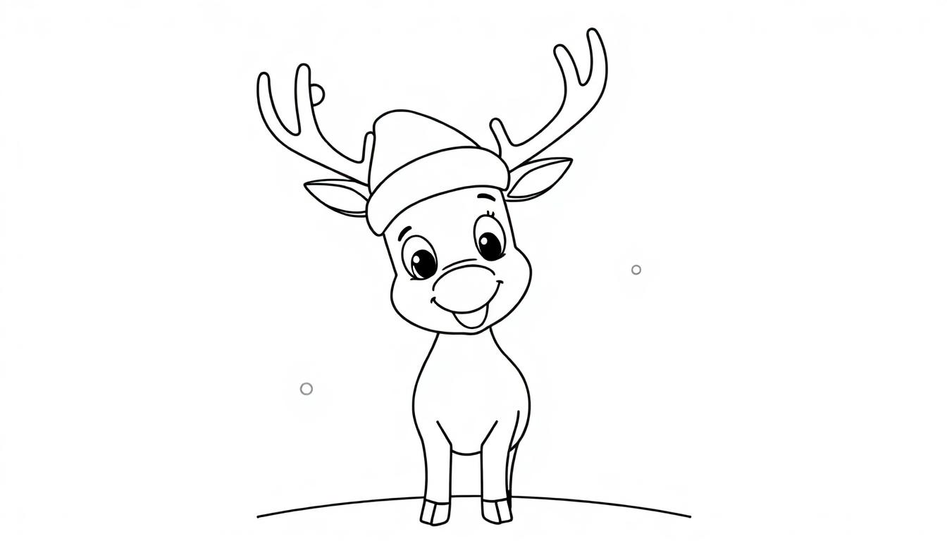 Schwarz-weiße Farbtafel-Zeichnung eines niedlichen Cartoon-Rentiers mit Weihnachtsmütze und einem breiten Lächeln.