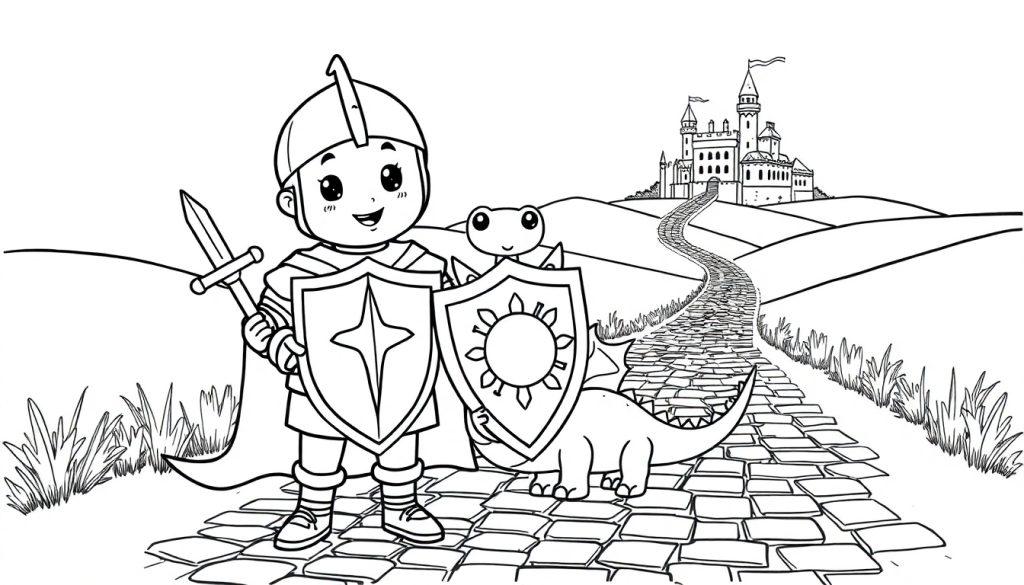 Schwarz-weiße Farbtafel-Zeichnung eines Cartoon-Ritters und eines kleinen Dinosauriers vor einem Schloss.