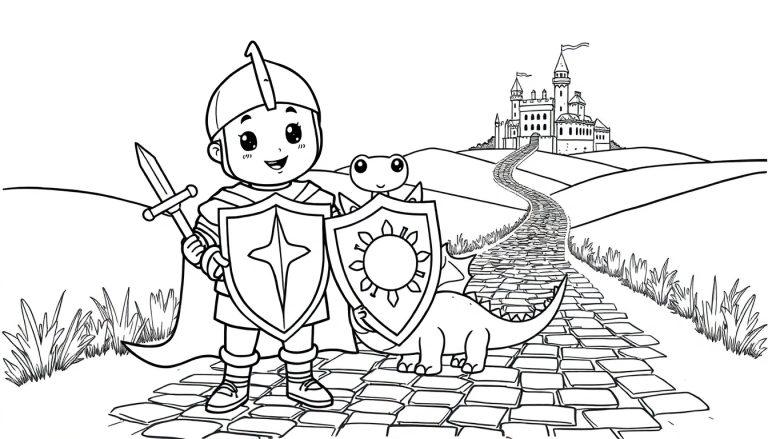 Schwarz-weiße Farbtafel-Zeichnung eines Cartoon-Ritters und eines kleinen Dinosauriers vor einem Schloss.