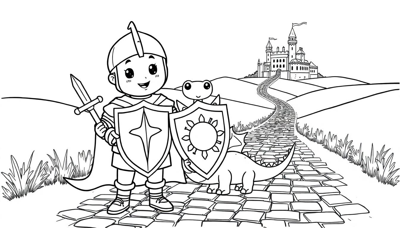 Schwarz-weiße Farbtafel-Zeichnung eines Cartoon-Ritters und eines kleinen Dinosauriers vor einem Schloss.