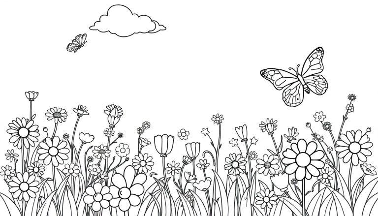Eine Farbtafel-Illustration einer Blumenwiese mit Schmetterlingen und einer Wolke.