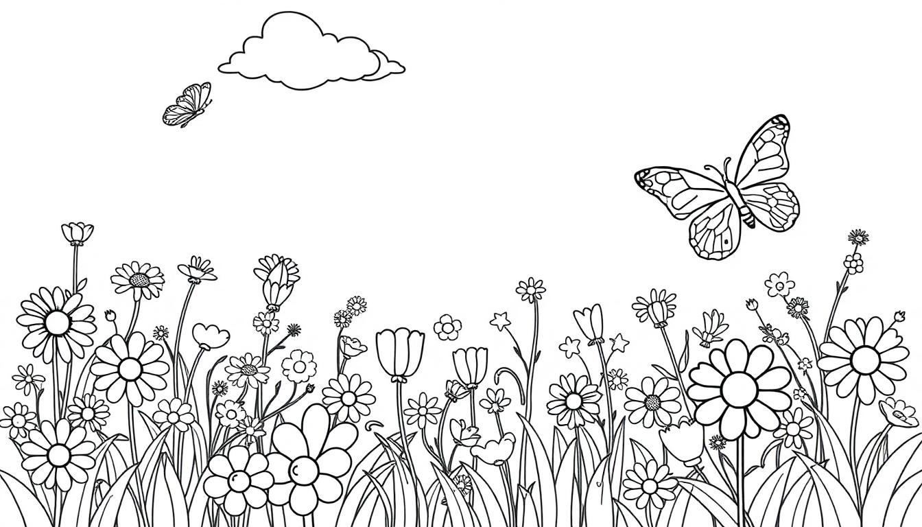 Eine Farbtafel-Illustration einer Blumenwiese mit Schmetterlingen und einer Wolke.