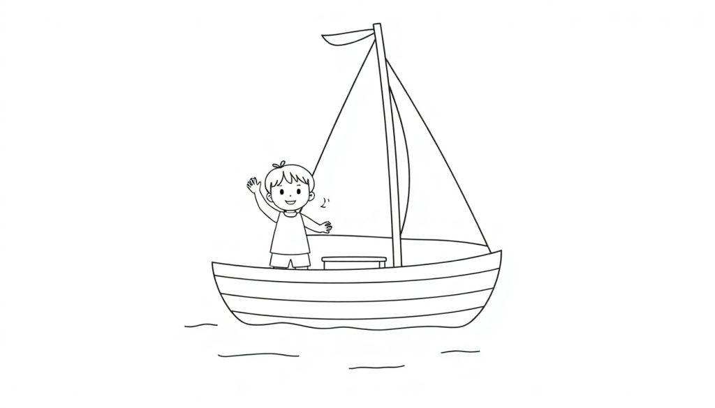 Schwarz-weiße Farbtafel: Ein einfaches Ausmalbild von einem Jungen, der auf einem Segelboot winkt.