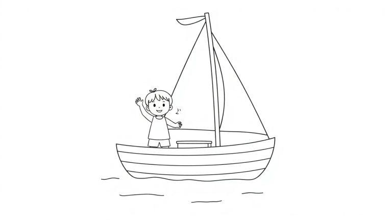 Schwarz-weiße Farbtafel: Ein einfaches Ausmalbild von einem Jungen, der auf einem Segelboot winkt.