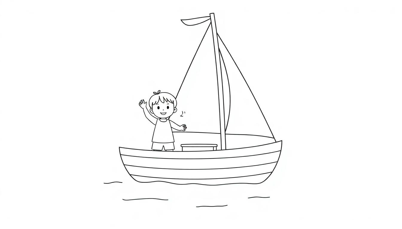 Schwarz-weiße Farbtafel: Ein einfaches Ausmalbild von einem Jungen, der auf einem Segelboot winkt.