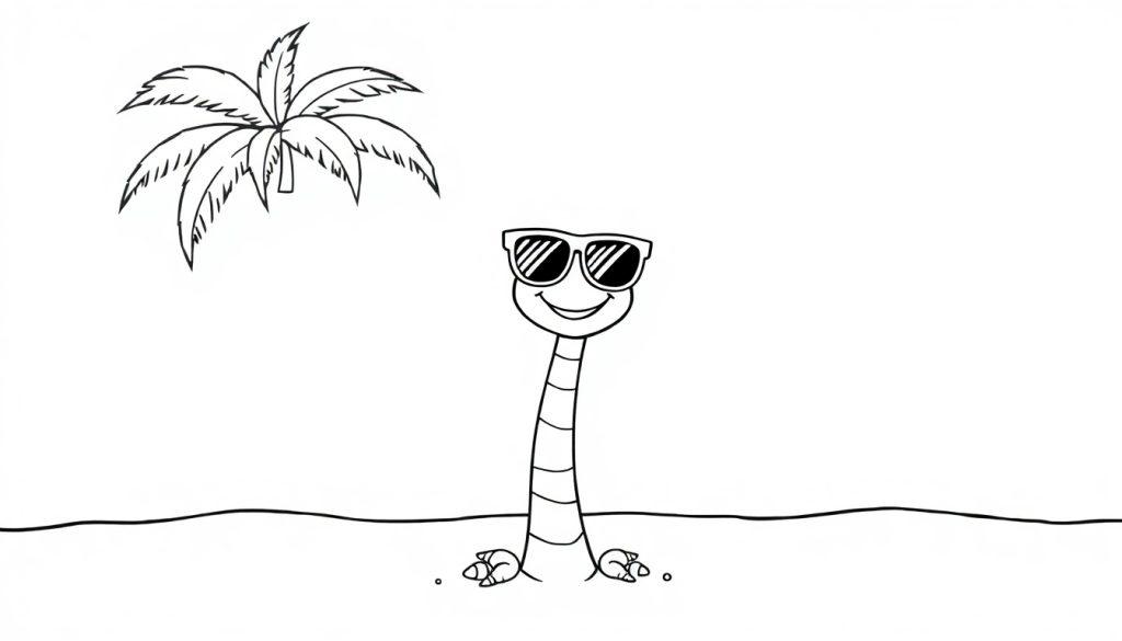 Schwarz-weiße Farbtafel einer freundlichen Cartoon-Meeresschlange mit Sonnenbrille und einer stilisierten Palme.