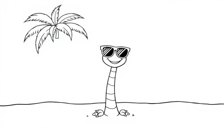 Schwarz-weiße Farbtafel einer freundlichen Cartoon-Meeresschlange mit Sonnenbrille und einer stilisierten Palme.