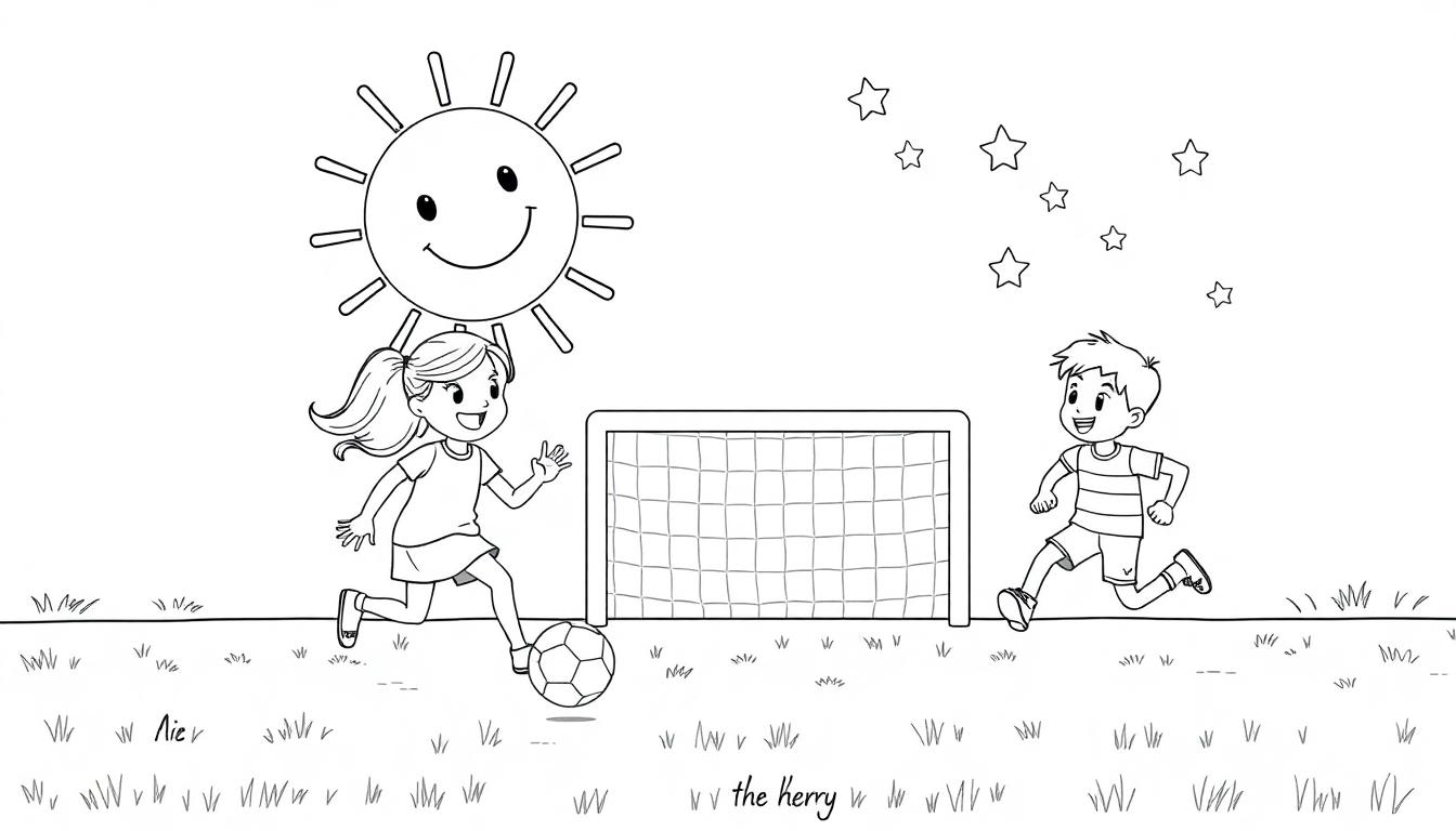 Schwarz-Weiß-Farbtafel-Illustration eines Mädchens, das Fußball dribbelt, und eines Jungen, der auf ein Tor zustürmt, mit einer lächelnden Sonne und Sternen am Himmel.