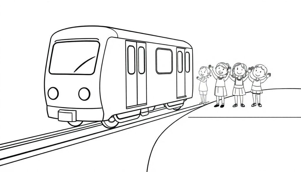 Schwarz-weiße Farbtafel: Eine lächelnde U-Bahn mit Kindern, die vom Bahnsteig winken.