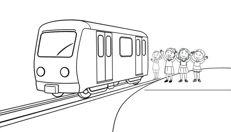 Schwarz-weiße Farbtafel: Eine lächelnde U-Bahn mit Kindern, die vom Bahnsteig winken.