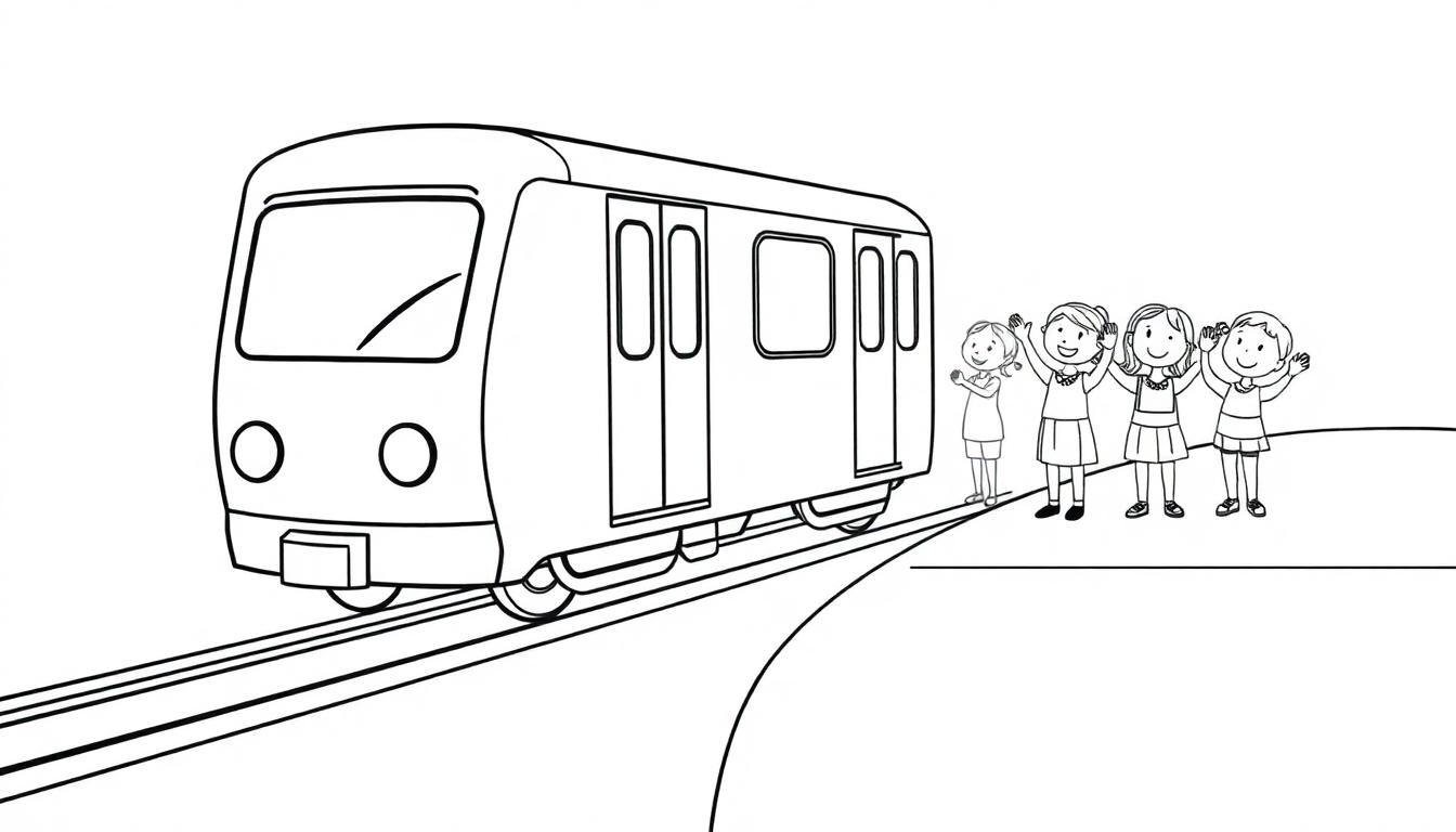 Schwarz-weiße Farbtafel: Eine lächelnde U-Bahn mit Kindern, die vom Bahnsteig winken.