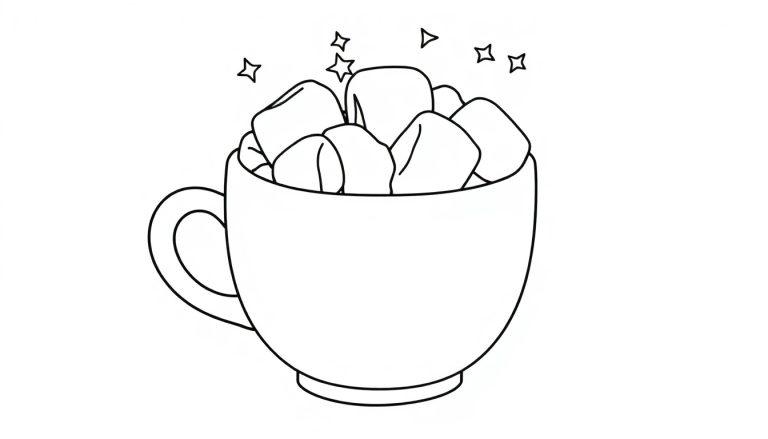Farbtafel: Eine einfache Schwarz-Weiß-Zeichnung einer Tasse, gefüllt mit Marshmallows und Sternen, bereit zum Ausmalen.