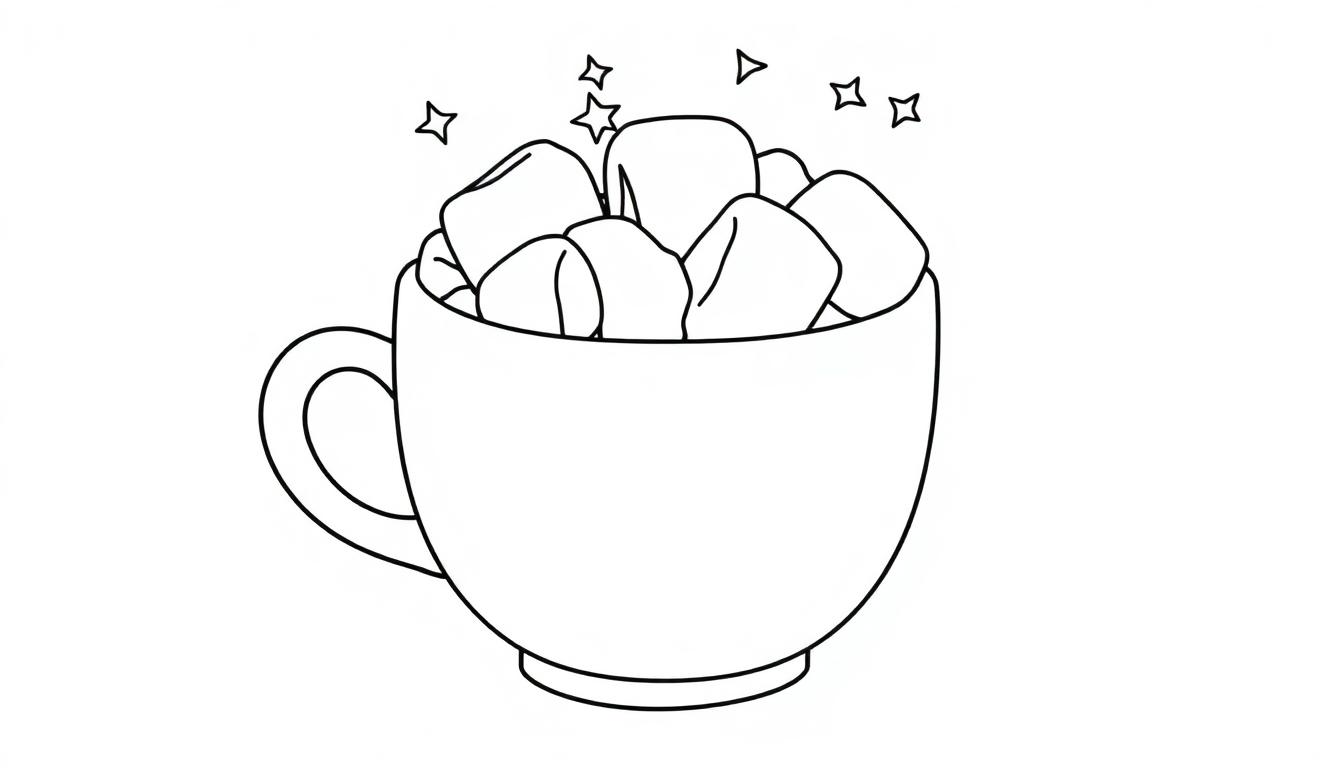 Farbtafel: Eine einfache Schwarz-Weiß-Zeichnung einer Tasse, gefüllt mit Marshmallows und Sternen, bereit zum Ausmalen.