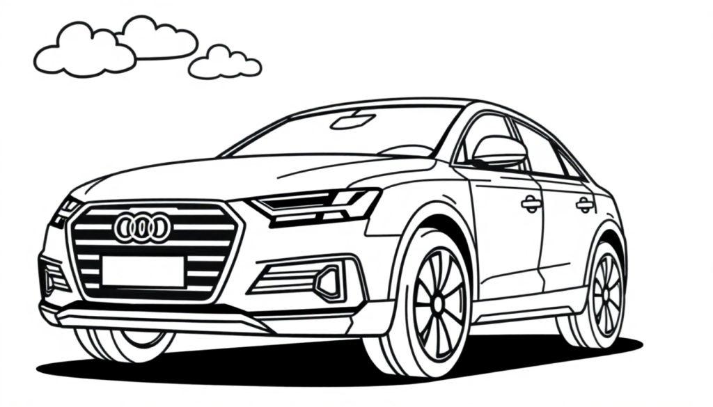 Ein Schwarz-Weiß-Auto, ein Audi, mit Wolken im Hintergrund, bereit zum Ausmalen als Farbtafel für Kinder.