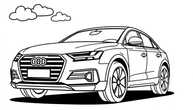 Ein Schwarz-Weiß-Auto, ein Audi, mit Wolken im Hintergrund, bereit zum Ausmalen als Farbtafel für Kinder.