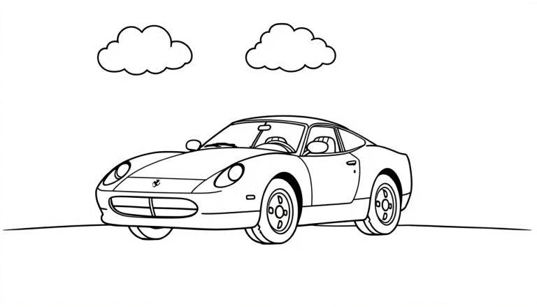 Schwarz-weiße Skizze eines schnittigen Sportcoupés mit runden Scheinwerfern und geschwungenen Linien, schwebende Wolken, Farbtafel zum Ausmalen.