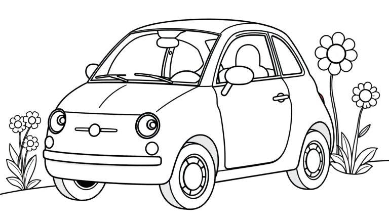 Schwarz-Weiß-Farbtafel eines kleinen runden Autos, umgeben von Blumen.
