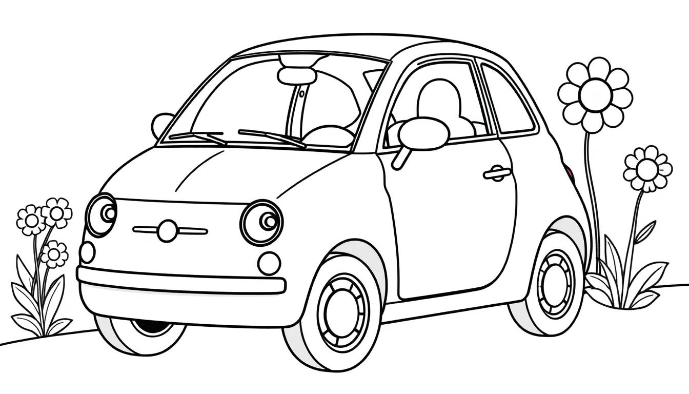 Schwarz-Weiß-Farbtafel eines kleinen runden Autos, umgeben von Blumen.
