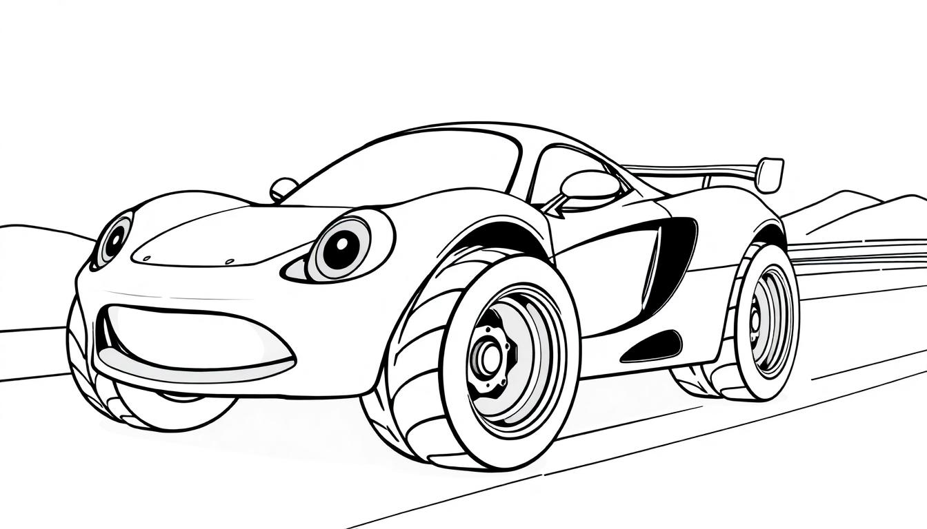 Schwarz-weiße Farbtafel eines niedlichen Cartoon-Rennwagens mit großen Reifen und lächelnden Scheinwerfern.