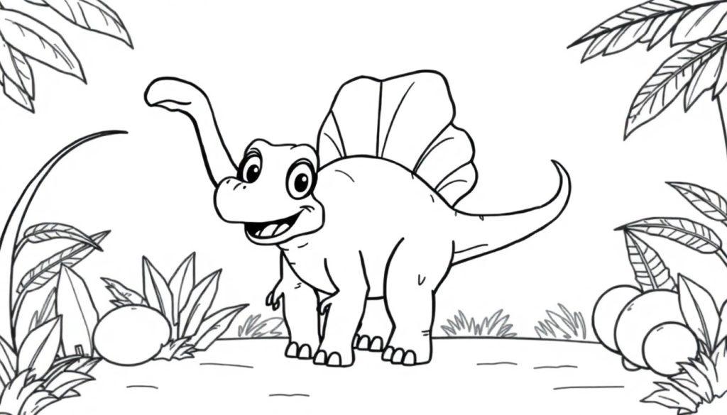 Schwarz-weiße Farbtafel eines freundlichen Cartoon-Spinosaurus mit langem Hals und einem Segel auf dem Rücken, umgeben von Pflanzen und Früchten.