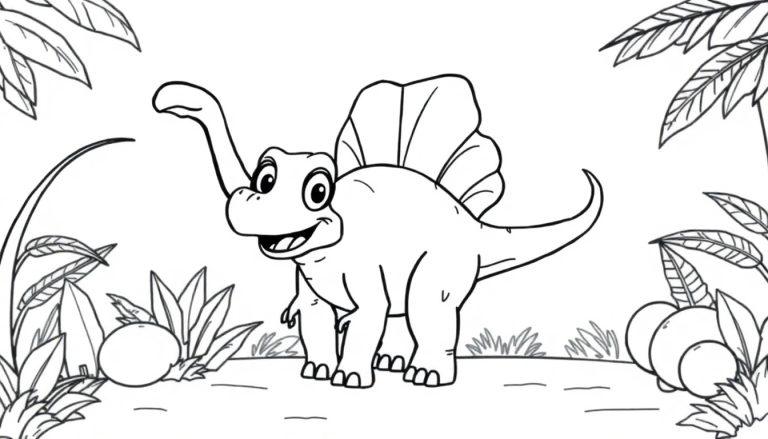Schwarz-weiße Farbtafel eines freundlichen Cartoon-Spinosaurus mit langem Hals und einem Segel auf dem Rücken, umgeben von Pflanzen und Früchten.