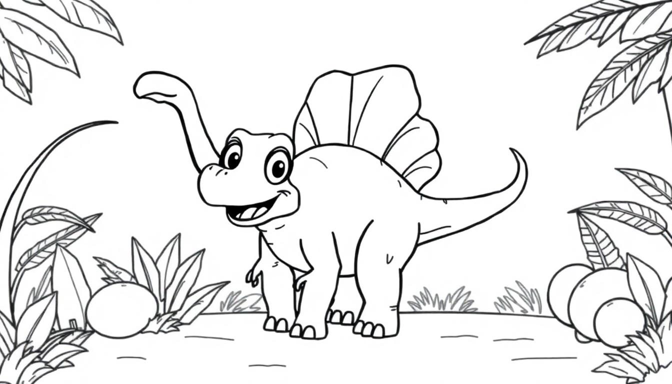 Schwarz-weiße Farbtafel eines freundlichen Cartoon-Spinosaurus mit langem Hals und einem Segel auf dem Rücken, umgeben von Pflanzen und Früchten.
