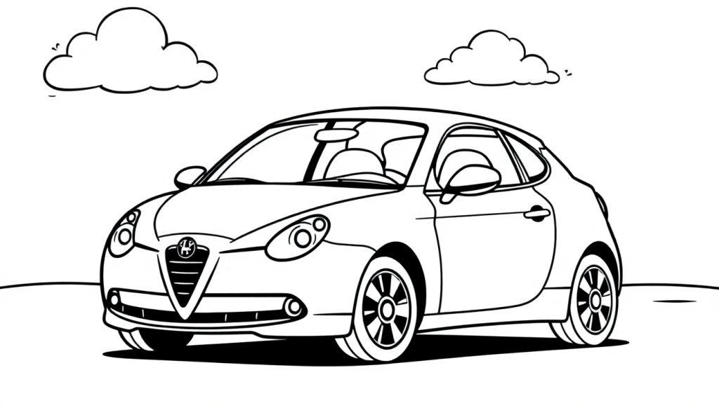 Farbtafel: Schwarz-weißer Cartoon-Alfa Romeo für Kinder.