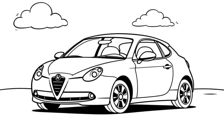 Farbtafel: Schwarz-weißer Cartoon-Alfa Romeo für Kinder.